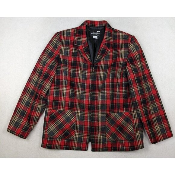 REQUIREMENTS - VTG WOMEN'S RED GRAY PLAID WOOL BLEND FULL ZIP BLAZER JACKET - 16 - Picture 1 of 8